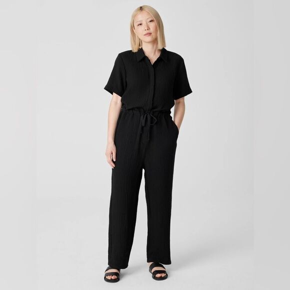 Eileen Fisher | Organic Cotton Black Short Sleeve Jumpsuit - Picture 7 of 8